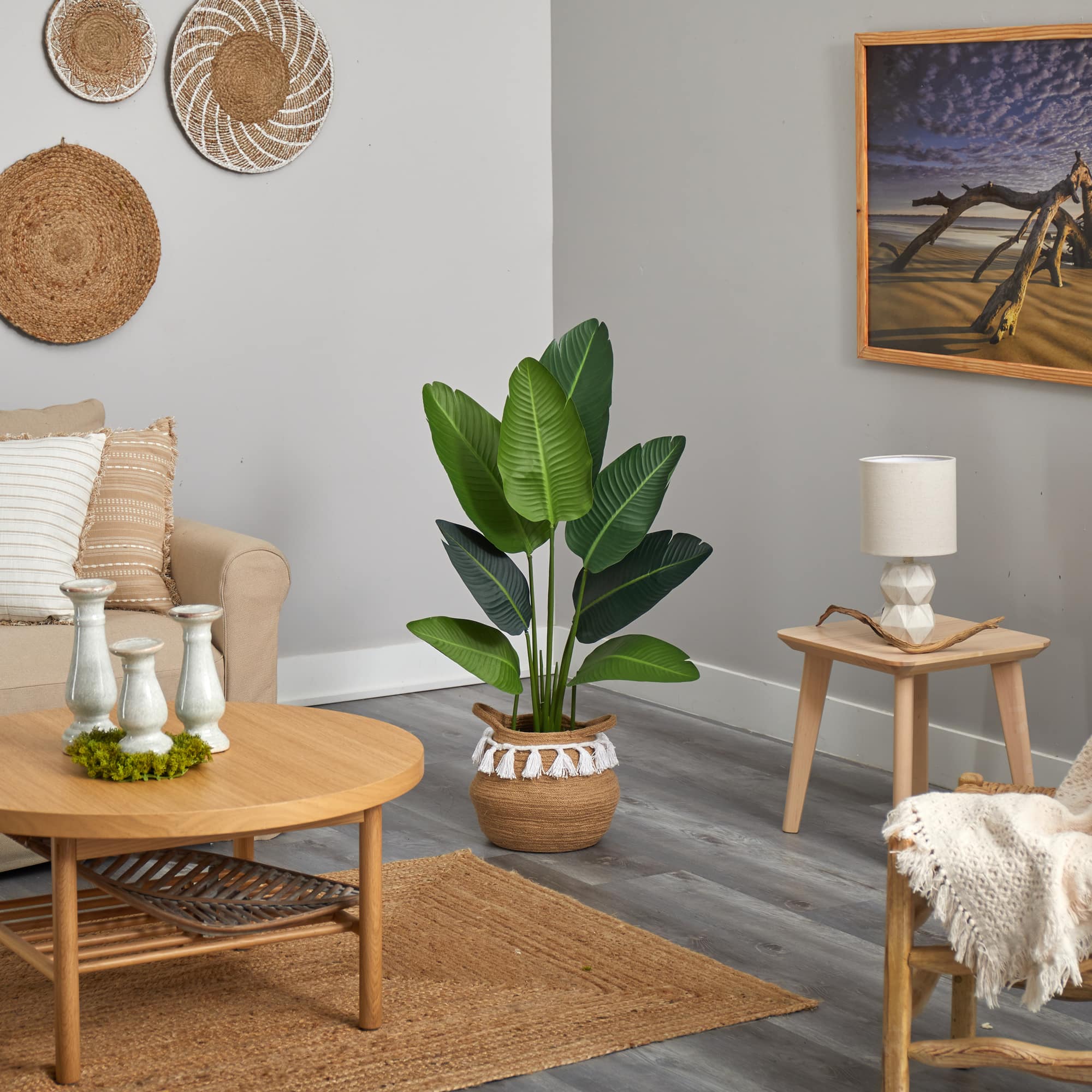4ft. Travelers Palm Artificial Tree in Boho Chic Handmade Natural Cotton Woven Planter with Tassels
